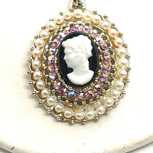 Raised Cameo Necklace with Pearls and Rhinestones